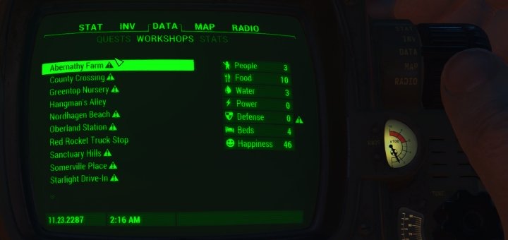 Workshops in Fallout 4 lists all your Settlements