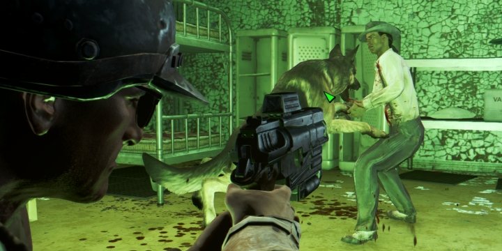Dogmeat in the thick of combat, attacking an enemy in Fallout 4