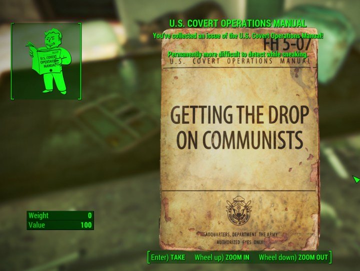 Covert Ops manual in Fallout 4, which helps with enemy detection along with the Sneak Perk