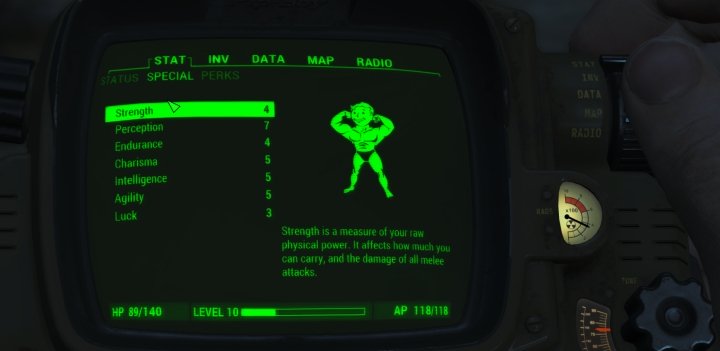 The Pip Boy can show you your current SPECIAL stats at any time. It includes any bonus stats you're receiving from gear and drugs.